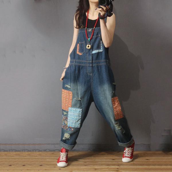 Folk Style Patchwork Denim Overalls Distressed Baggy Dungarees for Woman