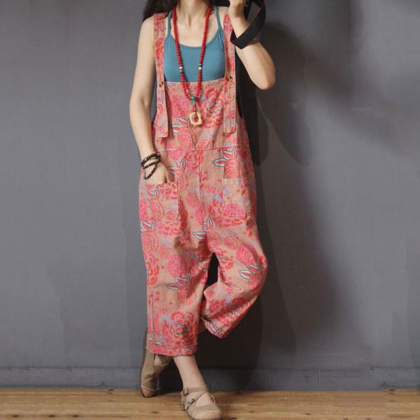 Loose-Fitting Pink Printed Overalls Cotton Summer One Piece Pants