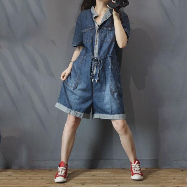 Shirt Collar Drawstring Rompers Wide Leg Denim One Piece Trousers