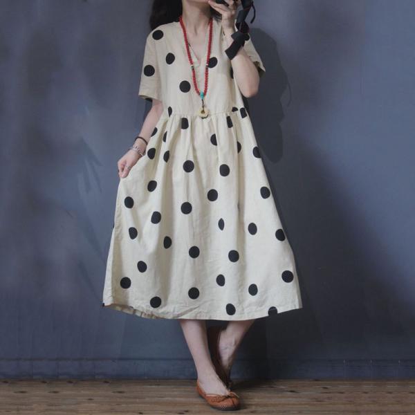 French Style Classical Polka Dot Dress Vintage V-Neck Linen Flare Dress