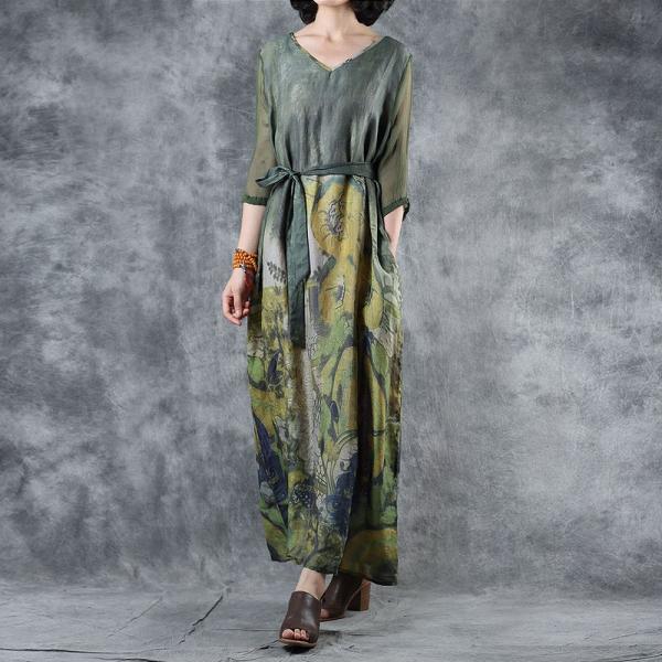 V-Neck Printed Green Shift Dress Tied Silk Sleeve A-Line Dress