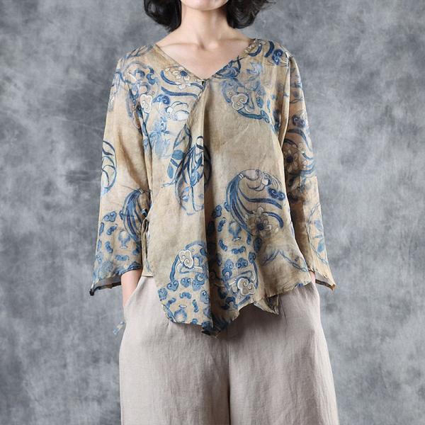 Chinese Vintage Printed Short Kimono Long Sleeve Ramie Wrap Blouse
