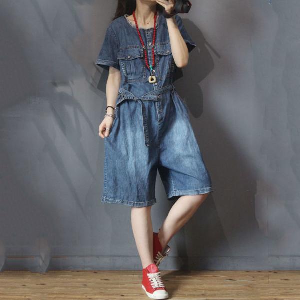 Flap Pockets Short Sleeve Belted Rompers Wide Leg Korean Jean Jumpsuits