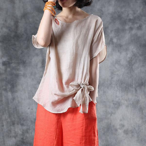 Simple Design Bowknot Ornament Casual Blouse Short Sleeve Oversized Shirt