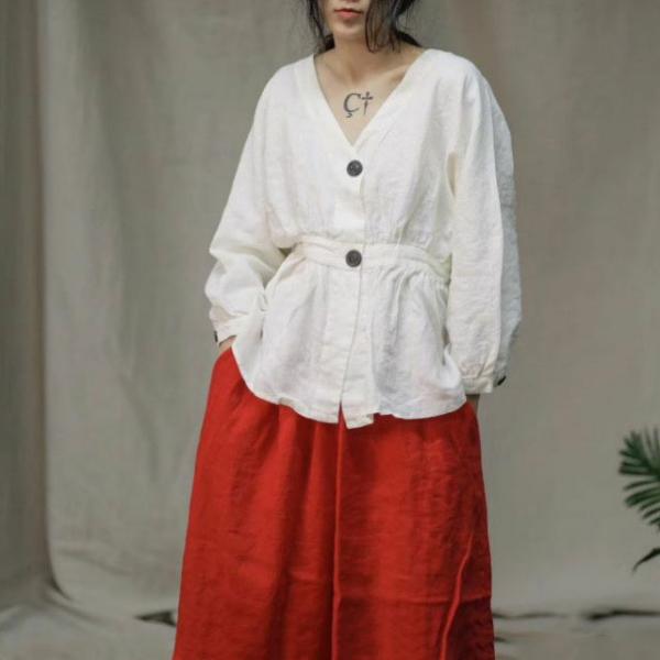 Puff Sleeve V-Neck Designer Blouse Linen Slim Waist Shirt