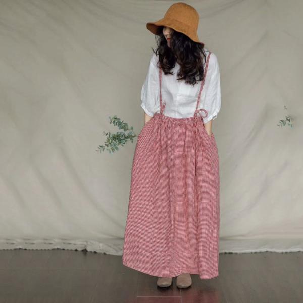 French Style Small Plaids Slip Dress Linen Gingham Mom Skirt Overalls
