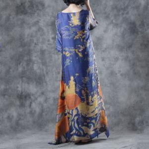 Vintage Printed Blue Maxi Dress Silk Vacation Kimono Dress
