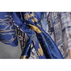 Vintage Printed Blue Maxi Dress Silk Vacation Kimono Dress