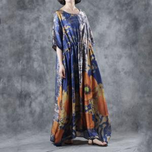 Vintage Printed Blue Maxi Dress Silk Vacation Kimono Dress