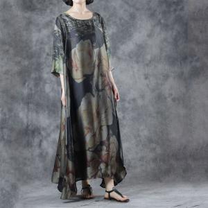 Daisy Printed Black Maxi Dress Elegant Silk Dress