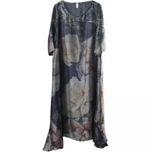 Daisy Printed Black Maxi Dress Elegant Silk Dress