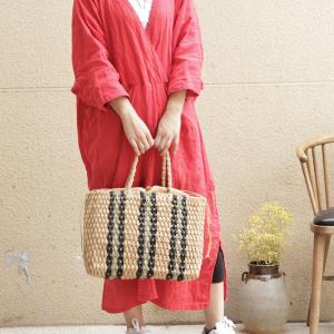 Bohemian Style Contrasting Striped Straw Bag Handmade Crochet Handbag