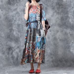 Ethnic Printed Loose Paisley Dress A-Line Summer Dress with Belt