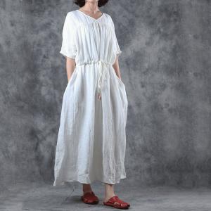 V-Neck Ramie White Dress Half Sleeve Maxi Drawstring Dress