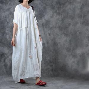 V-Neck Ramie White Dress Half Sleeve Maxi Drawstring Dress