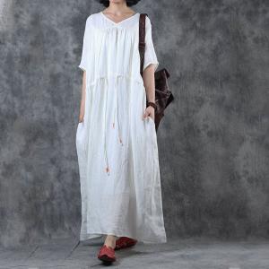 V-Neck Ramie White Dress Half Sleeve Maxi Drawstring Dress