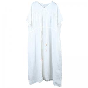 V-Neck Ramie White Dress Half Sleeve Maxi Drawstring Dress
