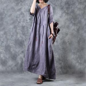 Plus Size V-Neck Purple Dress Ramie Wrapped Vacation Dress