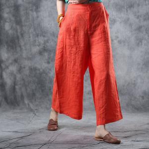 Comfort Linen Wide Leg Pants Elastic Waist Red Pants for Woman
