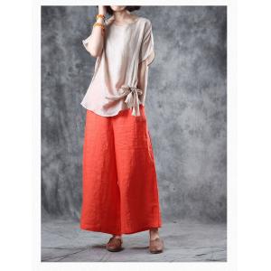 Comfort Linen Wide Leg Pants Elastic Waist Red Pants for Woman