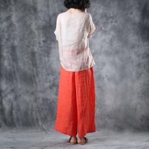 Comfort Linen Wide Leg Pants Elastic Waist Red Pants for Woman