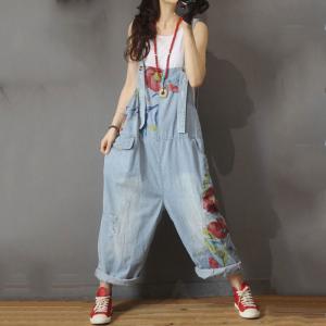 Flowers Printed Baggy One Piece Jeans Loose Ripped Overalls