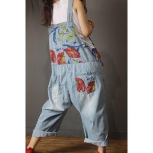Flowers Printed Baggy One Piece Jeans Loose Ripped Overalls