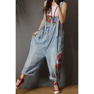 Flowers Printed Baggy One Piece Jeans Loose Ripped Overalls