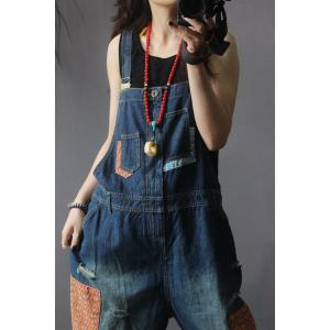 Folk Style Patchwork Denim Overalls Distressed Baggy Dungarees for Woman