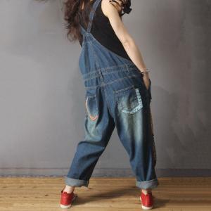 Folk Style Patchwork Denim Overalls Distressed Baggy Dungarees for Woman