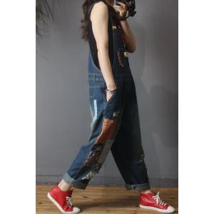 Folk Style Patchwork Denim Overalls Distressed Baggy Dungarees for Woman