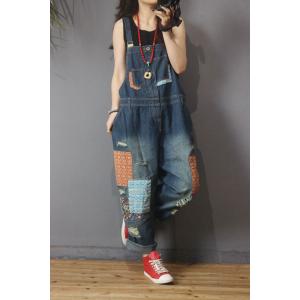Folk Style Patchwork Denim Overalls Distressed Baggy Dungarees for Woman