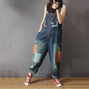 Folk Style Patchwork Denim Overalls Distressed Baggy Dungarees for Woman