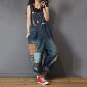 Folk Style Patchwork Denim Overalls Distressed Baggy Dungarees for Woman