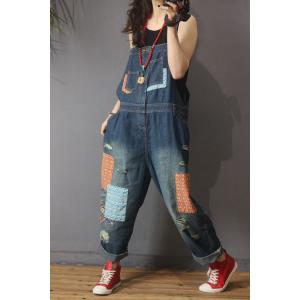 Folk Style Patchwork Denim Overalls Distressed Baggy Dungarees for Woman