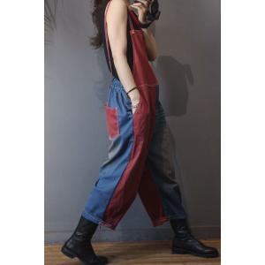 Contrasting Colors Plus Size Jean Jumpsuits Summer Cotton Slip Overalls