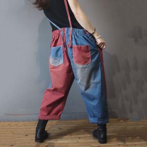 Contrasting Colors Plus Size Jean Jumpsuits Summer Cotton Slip Overalls