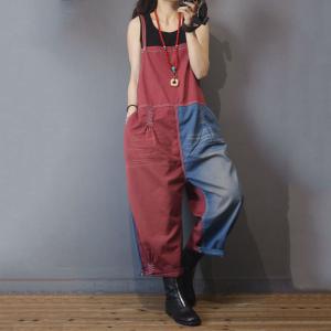 Contrasting Colors Plus Size Jean Jumpsuits Summer Cotton Slip Overalls