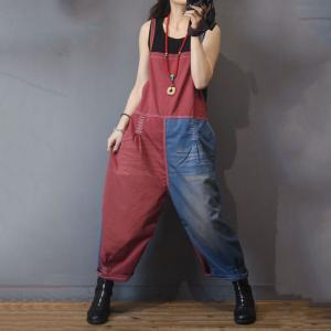 Contrasting Colors Plus Size Jean Jumpsuits Summer Cotton Slip Overalls