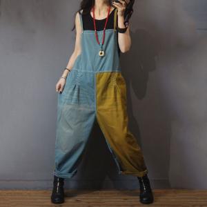 Blue Contrast Summer Slip Dungarees Cotton Casual Jumpsuits