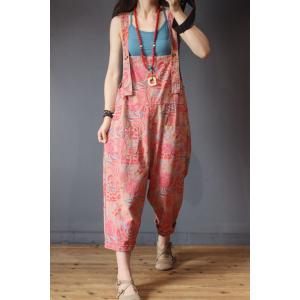 Loose-Fitting Pink Printed Overalls Cotton Summer One Piece Pants