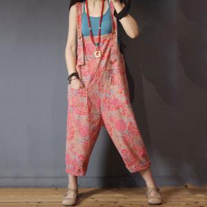 Loose-Fitting Pink Printed Overalls Cotton Summer One Piece Pants