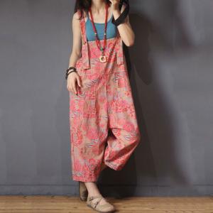 Loose-Fitting Pink Printed Overalls Cotton Summer One Piece Pants