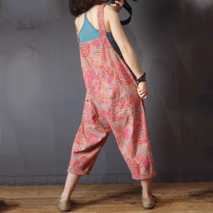 Loose-Fitting Pink Printed Overalls Cotton Summer One Piece Pants