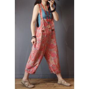 Loose-Fitting Pink Printed Overalls Cotton Summer One Piece Pants