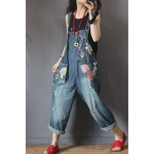 Vintage Flowers Embroidered Dungarees Loose Distressed Jean Jumpsuits