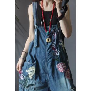 Vintage Flowers Embroidered Dungarees Loose Distressed Jean Jumpsuits