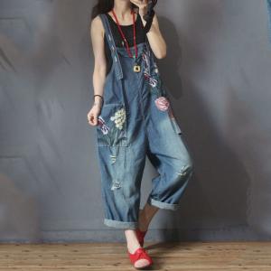 Vintage Flowers Embroidered Dungarees Loose Distressed Jean Jumpsuits