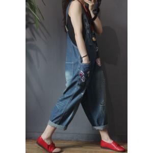 Vintage Flowers Embroidered Dungarees Loose Distressed Jean Jumpsuits