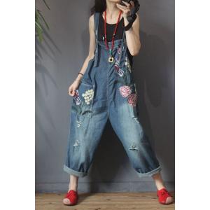 Vintage Flowers Embroidered Dungarees Loose Distressed Jean Jumpsuits